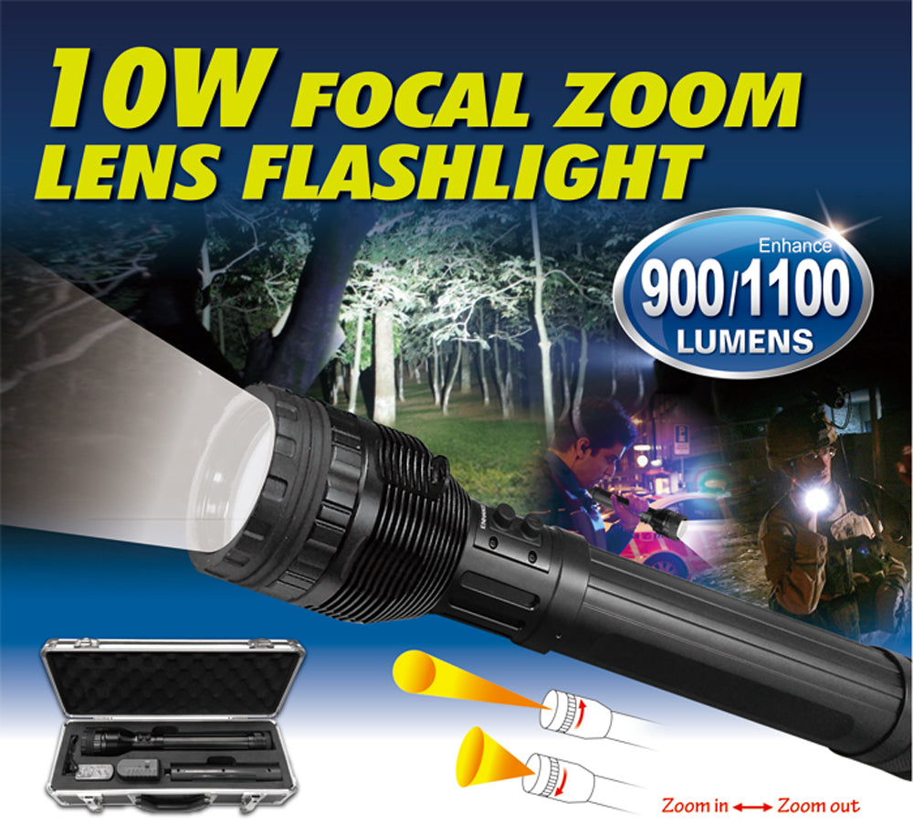 10W 1100 Lumen LED Flashlight with Focal Zoom Lens
