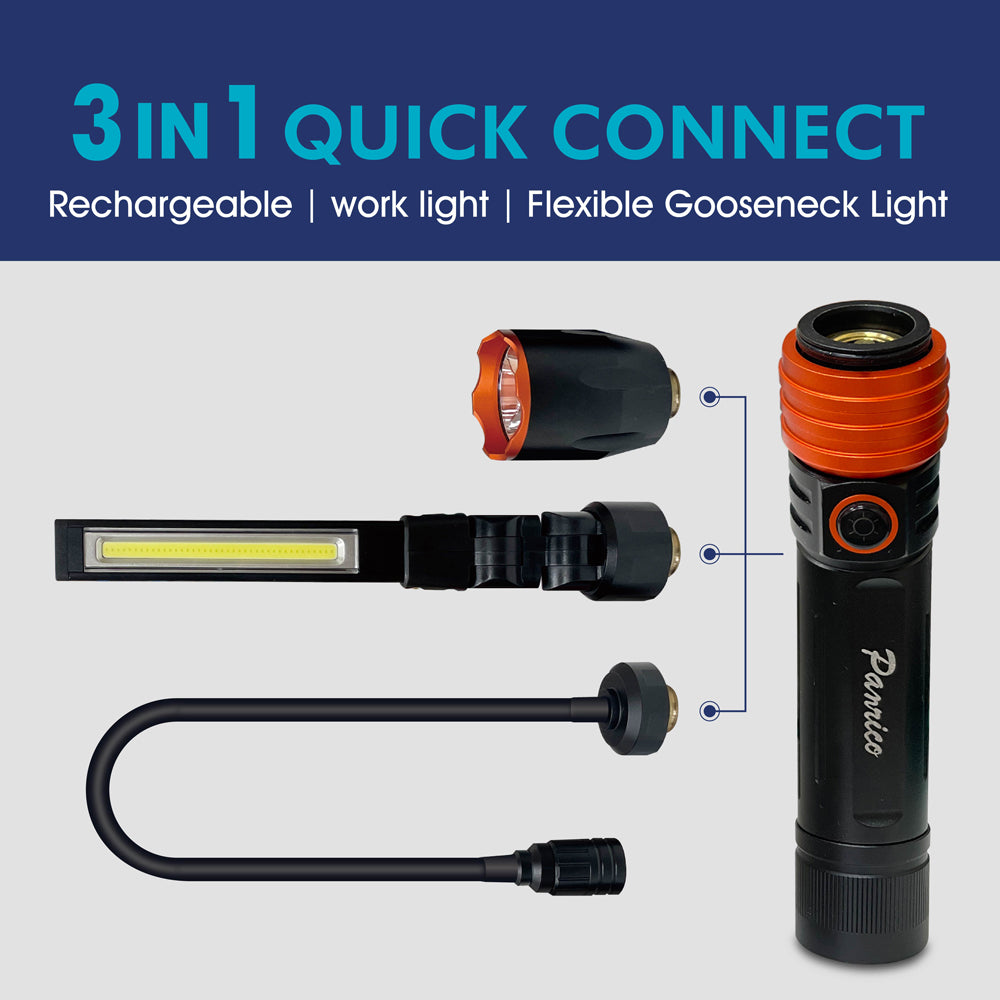 3 in 1 Quick connect LED Rechargeable LED Work Light Flashlight Flexible Gooseneck Light Kit with Magnetic Base (BI-LW-M0031)